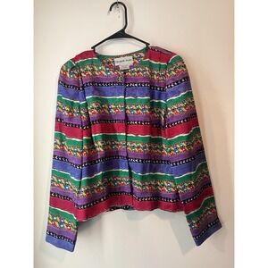 Vintage 90's Elizabeth Scott 100% Silk Button Front Blouse Bright‎ Bold Aztec 10